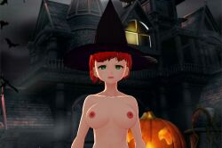 3d breasts empty_eyes expressionless femsub hat hypnovideo large_breasts open_mouth red_hair topless witch witch_hat