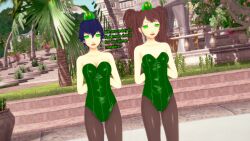 3d arms_behind_back blue_hair brown_hair bunnysuit cleavage collarbone english_text expressionless female_only femsub mantra multiple_girls multiple_subs naoto_shirogane open_mouth persona_(series) persona_4 rise_kujikawa short_hair slime sonrio12 standing text tights twintails whitewash_eyes