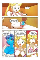  bare_shoulders blonde_hair blue_eyes blue_hair blue_skin border cleavage comic dialogue empty_eyes english_text facial_markings femsub hair_buns large_breasts lingerie long_hair midriff nightgown open_mouth sailor_mercury sailor_moon sailor_moon_(series) speech_bubble story text twintails wadevezecha 