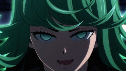 dazed drool empty_eyes female_only femsub green_eyes green_hair happy_trance hypnoner_(manipper) ivatent_(manipper) manip one_punch_man open_mouth smile tatsumaki_(one_punch_man)