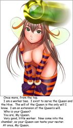  bee_girl bee_suit breasts brown_hair bug_girl caption deathwish_(manipper) expressionless female_only femdom femsub gloves large_breasts long_hair manip mantra open_mouth opera_gloves pendulum text thighhighs topless white_background wings yuri 