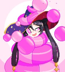 animated animated_gif blue_hair breath bubble coils drool fabius genshin_impact happy_trance kaa_eyes mona_(genshin_impact) one_eye_open open_mouth pink_eyes pixel_art ring_eyes simple_background smile tentacles twintails witch_hat
