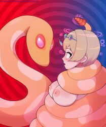 blonde_hair blue_background blue_hair blush coils cummingsoonent femsub glowing_eyes headdress hypnotic_audio hypnotic_eyes jewelry kela_(pepezacook) large_breasts multicolored_hair multiple_methods_of_hypnosis nintendo nipples nude open_mouth original rattlesnake red_background red_eyes restrained ring_eyes shimmer_(xenoblade) short_hair sideboob snake spiral_background xenoblade_chronicles xenoblade_chronicles_3