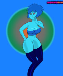 absurdres alien alien_girl blue_hair blue_skin bottomless breasts cartoon_network clothed female_only femsub happy_trance lapis_lazuli large_breasts latex navel ring_eyes short_hair smile solo steven_universe symbol_in_eyes temperancedraws thighhighs western