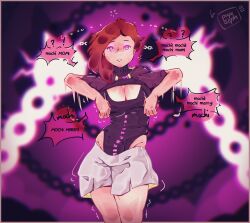 absurdres bouncing_breasts breasts cleavage cleavage_cutout clothed dancing female_only femsub glowing_eyes large_breasts lena_(pupsoph) looking_at_viewer mental_chains midriff milf mochi_dance original pink_eyes pupsoph red_hair signature skirt solo speech_bubble swaying thought_bubble 