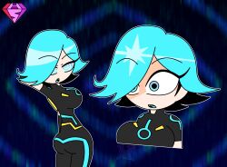  androgynous_dom arms_above_head blue_background blue_eyes blue_hair bodysuit disney empty_eyes expressionless eyebrows_visible_through_hair eyelashes femsub hair_covering_one_eye hypnoscream large_ass large_breasts mara_(tron) open_mouth opera_gloves posing pov_dom shiny_hair shrunken_irises simple_background spiralwash_eyes standing tron tron_uprising watermark 