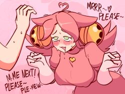  absurdres ahoge begging bell blush breasts cat_ears cat_girl clothed dazed deltarune dialogue drool english_text female_only femsub gloves green_eyes happy_trance heart leaning_forward long_hair mad_dummy mad_mew_mew non-binary non-binary_sub pink_background pink_eyes pink_hair possession revannman simple_background spiral_eyes sweat tagme text thighs undertale 