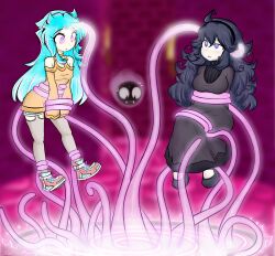  ahoge all_the_way_through ava_(inflixion) blue_hair brain_injection breasts female_only femsub gastly ghost glowing glowing_eyes hair_band hex_maniac hypnotic_tentacle inflixion large_breasts long_hair magic_circle multiple_girls multiple_subs nintendo open_mouth pokemon pokemon_x_and_y purple_eyes sweater tentacles thighhighs 