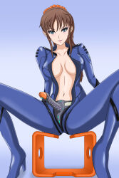  arms_behind_back before_and_after blue_eyes bodysuit brown_hair cleavage eyeshadow female_only femsub gradient_background hypnotic_accessory kiryu large_breasts lipstick looking_at_viewer makeup mikage_kiryu navel open_mouth ponytail simple_background sitting smile solo space_battleship_yamato space_battleship_yamato_2199 spread_legs strap-on tech_control 