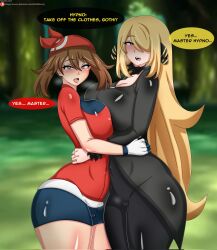 ass bandana blonde_hair blush breast_press breasts brown_hair cameltoe cleavage clothed curvy cynthia dialogue female_only femsub glowing_eyes hair_covering_one_eye hair_ornament happy_trance hug hypno large_ass large_breasts large_hips long_hair mattc-art may multiple_girls multiple_subs nintendo pokemon pokemon_diamond_pearl_and_platinum pokemon_ruby_sapphire_and_emerald pov_dom shorts speech_bubble text thighs tongue tongue_out