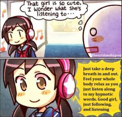  blush bow_tie brown_eyes brown_hair clothed comic consensual femsub happy_trance headphones heartdoeshypno_(manipper) humor hypnotic_audio hypnotic_voice k009 long_hair manip meme original outdoors school_uniform smile text thought_bubble traditional_hypnosis twintails 