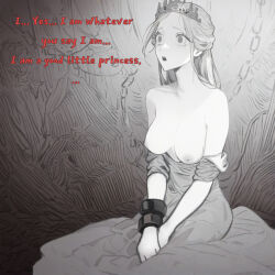  ai_art breasts collarbone crown cuffs dialogue dress empty_eyes expressionless female_only long_hair manip mistralonyx nipples open_mouth slay_the_princess text topless 
