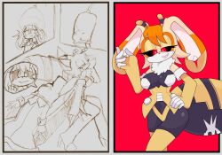  bee_girl before_and_after black_sclera breasts bunny_ears bunny_girl dronification empty_eyes eye_color_change female_only femdom femsub furry glowing_eyes hand_on_hip high_heels hypnotized_dom hypnotized_hypnotist milf orange_hair rakuma-imp red_background red_eyes rouge_the_bat slit_pupils smile sonic_the_hedgehog_(series) spiral_eyes transformation vanilla_the_rabbit 
