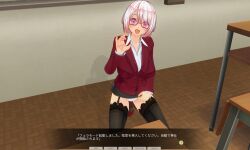  3d bangs before_and_after blackboard custom_maid_3d_2 dialogue empty_eyes female_only garter_straps glasses happy_trance japanese_text kneeling large_breasts looking_at_viewer open_mouth original panties pink_eyes pink_hair sexually_suggestive shoes short_hair skirt skirt_lift socks solo swallow774 teacher thighhighs tongue tongue_out translation_request underwear 