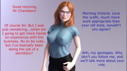  bimbofication blush comic dialogue femsub glasses large_breasts office_lady original red_hair text transformation ultspd 