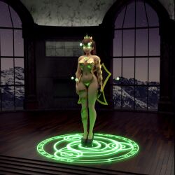 3d animation crown emerald_lazers expressionless glowing_eyes green_eyes high_heels jewelry kaa_eyes magic magic_circle orb pov_dom queen queen_nathalia_(emerald_lazers) ring_eyes standing standing_at_attention video