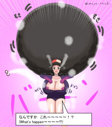 afro aware black_eyes black_hair blush bodysuit bouncing_breasts breast_expansion breasts chicken_dance chicken_pose erika_(pokemon) hairband heart huge_breasts humiliation japanese_text mochi_dance moja_taishi nintendo pokemon text transformation translated