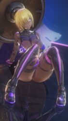 3d armor arms_above_head ass bare_shoulders before_and_after blonde_hair bra breast_expansion breasts cameltoe cleavage clothed_exposure corruption dark_skin evil_smile fate/grand_order fate_(series) female_only femsub gloves glowing hair_covering_one_eye high_heels huge_breasts koikatsu! large_ass lipstick mashu_kyrielight panties pink_eyes posing qos reflection shield simple_background smile solo spread_legs surprised taihou1944 tattoo thighhighs thighs transformation