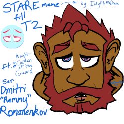 beard dark_skin dazed dmitri_&quot;remmy&quot;_romanenkov_(notfromoz) drool dungeons_and_dragons inkyfluffsdraws looking_at_viewer male_only malesub meme notfromoz open_mouth original red_hair ring_eyes signature simple_background solo tagme text white_background