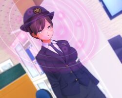  3d arm_bands baldmen4 black_hair corruption custom_maid_3d_2 empty_eyes expressionless female_only femsub gloves glowing grey_eyes hat police_uniform policewoman ponytail solo spiral standing standing_at_attention tie 