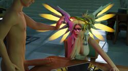  3d barefoot blonde_hair bottomless breasts corruption dazed feet femsub gentle-sun glasses glowing maledom mercy nude overwatch penis topless 