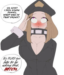  black_nail_polish blush breasts brown_hair camie_utsushimi cleavage clothed coffing collarbone cuffs dialogue drugged drunk eye_roll female_only femsub glowing_eyes hat hypnotic_drink hypnotic_drug large_breasts maledom manip my_hero_academia nail_polish peril pink_eyes short_hair simple_background solo speech_bubble text unhappy_trance waifueater_(manipper) white_background 