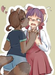  animal_ears fangs female_only furry gegege_no_kitarou inuyama_mana kissing mokushi-c3 neko_musume open_mouth raccoon_girl tail transformation 