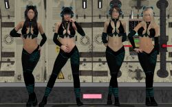 3d arms_behind_back black_hair blonde_hair cat_ears clothed_exposure creativeguy59 fake_animal_ears female_only glowing glowing_eyes hand_on_hip headphones multiple_girls multiple_subs original slit_pupils tech_control