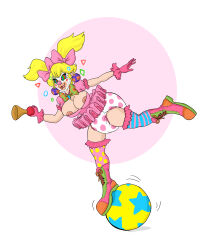  absurdres blonde_hair boots clown clown_girl clownification diaper drool female_only femsub makeup nintendo nipples open_mouth princess_peach shydaddy simple_background solo super_mario_bros. tutu white_background 