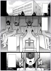 bangs black_hair blonde_hair breasts cables chair collar collarbone comic corruption cuffs dialogue erect_nipples grey_hair greyscale japanese_text large_breasts long_hair narumi_yuu navel nipples nude open_mouth original restrained sex_machine short_hair sitting spread_legs tongue tongue_out vaginal visor wires