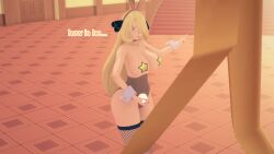 aware blonde_hair breasts bunny_ears bunnysuit clothed clothed_exposure cynthia dialogue english_text female_only fishnets grey_eyes hair_covering_one_eye mustardsauce pokemon pokemon_(anime) solo text