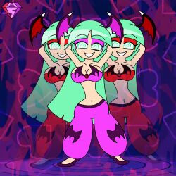  alternate_costume arms_above_head bare_shoulders bat_wings bisexual capcom clone collarbone dancer dancing darkstalkers eyebrows_visible_through_hair eyelashes eyeshadow femdom green_eyes green_hair harem_outfit heart hypnoscream large_breasts looking_at_viewer midriff morrigan_aensland navel pants pov_sub pride_colors seductive_smile shiny_hair simple_background spiralwash_eyes standing story straight-cut_bangs succubus wide_hips 