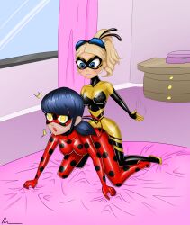 black_hair blonde_hair chloe_bourgeois empty_eyes femdom femsub glowing_eyes latex marinette_dupain-cheng miraculous_ladybug rosvo spanking yuri