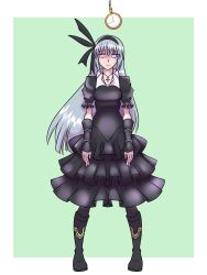  absurdres arm_bands blue_eyes boots border clock clothed dress eyebrows_visible_through_hair female_only femsub green_background hair_ornament hair_ribbon heterochromia jewelry katsiika long_hair luminous_valentine necklace pendulum pocket_watch red_eyes ribbon silver_hair simple_background spiral_eyes symbol_in_eyes that_time_i_got_reincarnated_as_a_slime vampire 