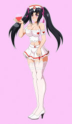absurdres black_hair breasts cleavage dlobo777 empty_eyes female_only femsub happy_trance hat high_heels high_school_dxd large_breasts long_hair midriff navel needle nurse open_mouth pink_eyes serafall_leviathan simple_background skirt solo syringe thighhighs twintails