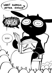  book chair clinickcase corruption demon demon_girl dialogue eldritch english_text fate/grand_order fate_(series) femdom greyscale humor monochrome multiple_girls preview shub-niggurath simple_background sitting speech_bubble text white_background 