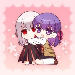  alternate_costume angra_mainyu chibi clothed corruption dark_sakura dual_persona empty_eyes eye_color_change facial_markings fate/stay_night fate/stay_night_heaven's_feel fate_(series) femsub hair_color_change hair_ribbon hug long_hair minamisakurai011 possession purple_eyes purple_hair red_eyes sakura_matou school_uniform shoes sitting socks white_hair 
