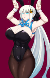  braid breasts bunny_girl bunny_pose bunnysuit cleavage coin cuffs fake_animal_ears fate/grand_order fate_(series) female_only femsub glowing_eyes huge_breasts large_hips long_hair looking_at_viewer manip misterman4_(manipper) morgan_le_fey_(fate) okra open_mouth pendulum ponytail simple_background solo spiral_eyes symbol_in_eyes thighhighs white_hair 