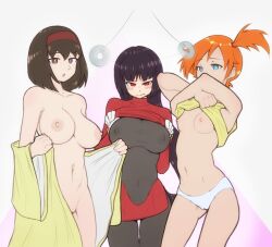  black_hair breasts brown_hair erika_(pokemon) female_only femsub large_breasts long_hair misty multiple_girls multiple_subs nintendo open_clothes orange_hair pokemon pokemon_firered_and_leafgreen pokemon_red_green_blue_and_yellow resisting sabrina short_hair small_breasts straight-cut_bangs thekinkyfinn tomboy topless undressing 