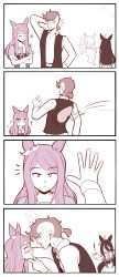    absurdres ahoge androgynous_dom blush brown_hair chin_hold closed_eyes clothed comic confused cygames ghost hair_covering_one_eye heladomagnum heterosexual horse_girl long_hair malesub manhattan_cafe mejiro_mcqueen monochrome one_eye_open pink_hair possession short_hair sunday_silence surprised symbol trainer_(uma_musume) uma_musume white_eyes 