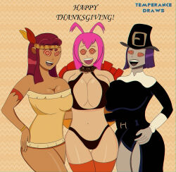 absurdres alien alien_girl breasts costume dc_comics female_only femsub grey_skin happy_trance kole large_breasts long_hair multiple_girls open_mouth pink_hair raven red_hair ring_eyes short_hair smile starfire super_hero symbol_in_eyes teen_titans temperancedraws text thanksgiving thighhighs western