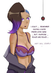  absurdres bra breasts brown_hair dark_skin dialogue empty_eyes english_text expressionless female_only femsub large_breasts lingerie long_hair mole nexus_light open_mouth overwatch pendulum purple_eyes purple_hair see-through solo sombra_(overwatch) text underwear undressing 