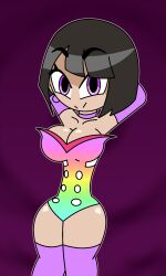 alternate_costume alternate_hairstyle arms_above_head black_hair breasts choker cleavage costume earrings eye_color_change female_only femsub happy_trance hypnoscream looking_at_viewer malamar_outfit nintendo pokemon pokemon_legends_z-a pokemon_omega_ruby_and_alpha_sapphire purple_eyes short_hair smile solo thick_thighs thighhighs thighs zinnia 