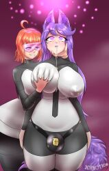  ahoge breast_grab bulge character_request chin_hold drool enemy_conversion evil_smile floofy_(bluesfloofy) futasub glowing_eyes happy_trance huge_breasts hypnotico hypnotized_hypnotist large_hips nintendo null_bulge open_mouth orange_hair original pink_eyes pokemon purple_hair short_hair simple_background smile standing standing_at_attention team_galactic very_long_hair visor watermark wolf_girl 