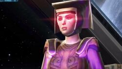  3d animated animated_gif blue_eyes breasts clothed expressionless female_only femsub kira_carsen large_breasts possession standing star_wars text the_old_republic unhappy_trance video_game 