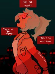 absurdres alex_(oxenfree) dialogue female_only femsub glowing glowing_eyes lea-laas-arts necklace open_mouth oxenfree ponytail possession red_eyes simple_background solo text