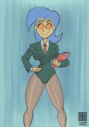 absurdres alternate_costume breasts business_suit collar corporatification corruption femsub happy_trance leggings long_hair maledom memetic_control mighty_magiswords mr_scade office_lady smile spiral spiral_eyes suit swimsuit symbol_in_eyes vambre