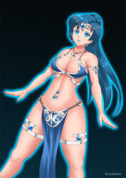 blue_hair breasts cleavage earrings empty_eyes expressionless female_only gradient_background hadant harem_outfit jewelry large_breasts lipstick loincloth long_hair makeup midriff navel_piercing necklace piercing sailor_mercury sailor_moon_(series) signature simple_background solo transformation watermark