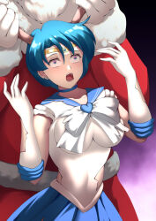 antlers blue_hair breasts christmas collar corruption defeated gauntlets hadant high_heels magical_girl open_mouth sailor_mercury sailor_moon_(series) santa_claus short_hair skirt torn_clothes