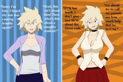 age_regression before_and_after blonde_hair breasts cleavage collar femsub large_breasts mitsuki_bakugo my_hero_academia navel open_mouth red_eyes syas-nomis text tongue